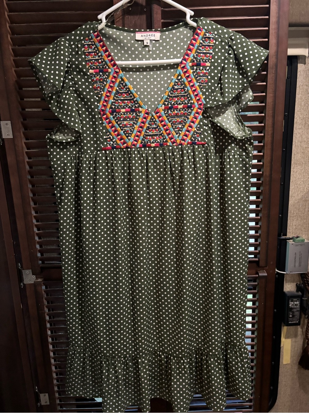 ANDREE BY UNIT Olive Green Polka Dot Midi Dress with Colorful Embroidered V-Neck